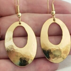 Gold Hammered Oval Drop Earrings - Approx 2" Drop